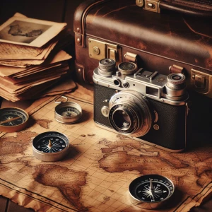 A vintage camera sitting atop a well-worn leather suitcase, with...