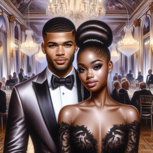 A light skin African American couple at a fancy ballroom event....