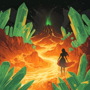 Create a 2.5D background illustration featuring a girl in a crys...