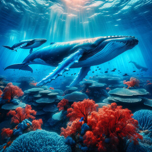Blue whales and red coral under the ocean