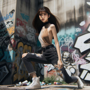 teenage girl, long brown hair and bangs, wearing tight skinny jeans and a halter top paint marks on her clothing, heroic pose Asian graffiti background, nearing on one knee