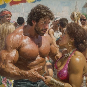 Create a hyperrealistic painting of a muscular, sweaty American...