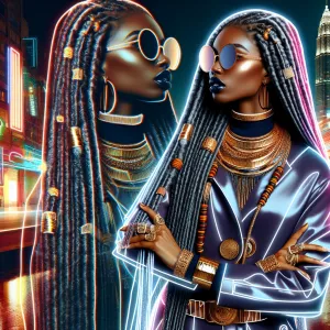 An Afrocentric queen styled with long braids flowing past her wa...