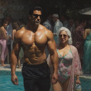 Photo Hyperrealism, painting,a muscular beefy kashmiri son in la...