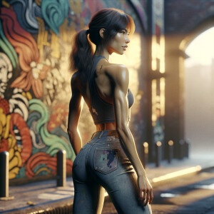 Athletic Thin skinny Attractive, Asian teenage girl, long brown hair and bangs, wearing tight skinny jeans and a halter top paint marks on her clothing, heroic pose Asian graffiti background, backside view