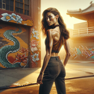 Athletic Thin skinny Attractive, Asian teenage girl, long brown hair and bangs, wearing tight skinny jeans and a halter top paint marks on her clothing, heroic pose Asian graffiti background, backside view