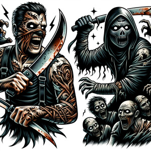 Freddy Kruger and Jason vorhees fighting a mob of zombies