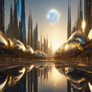 Depict Xironia, an alternate dimension where a pair of suns illuminate a metallic landscape consisting of silver and gold. Show how the metallic bodies of the inhabitants gleam, casting colorful reflections and refractions in response to the twin suns. The architecture of the cities, advanced and intricate, radiates with the dynamic light of the suns, signifying a hub of technological progress. The dual suns are central to life and inspiration in Xironia, a world of enigmatic beauty and innovation under a sky adorned with their resplendent glow.