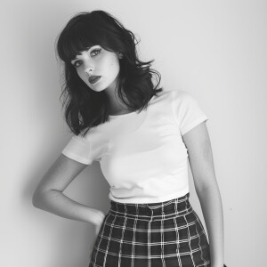 Photo of fair skinned hourglass shaped woman with dark hair, pla...