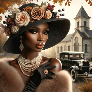 Create an image of a sophisticated woman with dark skin, wearing...