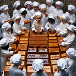 Create an image of children in immaculate white chef attire care...