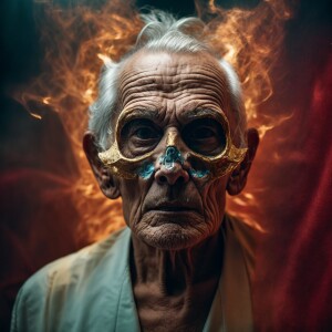 An elderly individual undergoes a sudden transformation, his fac...