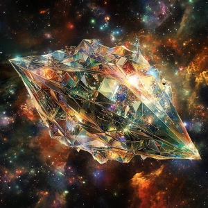 A luminous crystalline spacecraft drifts through the void of spa...