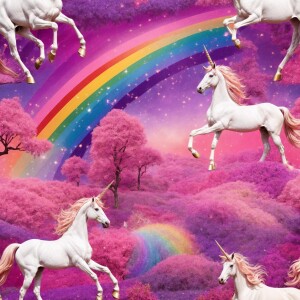 Create an image of a whimsical scene filled with unicorns amidst...