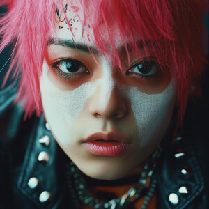 Close-up of a Japanese punk with white face paint, pink hair, an...