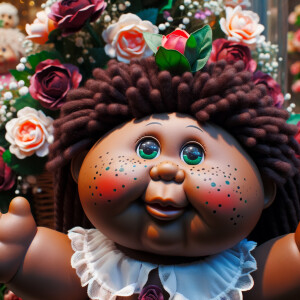 African-American cabbage patch doll with huge dimples, and freckles and flowers in the background