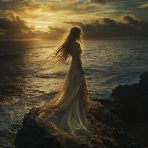 Create an image of a woman standing on an ocean cliff at sunset,...