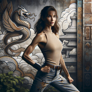 Athletic Thin skinny Attractive, Asian teenage girl, long brown hair and bangs, wearing tight skinny jeans and a halter top paint marks on her clothing, heroic pose Asian graffiti background, side view