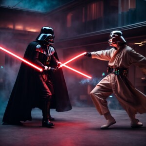 Darth Vader fighting luke skywalker with lightsaber