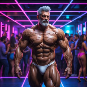 A hyper-realistic depiction of a muscular, older male bodybuilde...