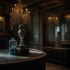 "Imagine a dimly lit, abandoned mansion room filled with dust an...