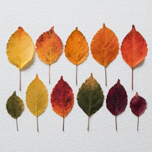 Pressed autumn leaves, minimalist style, white background