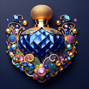 Create a 3-D realistic blue and gold, colorful jewels perfume b...