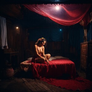 A shamed cheating Wench clothes torn, squatting beside a bed at...