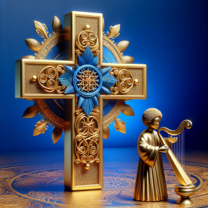 make 3-D realistic gold cross, African-American, Jesus, playing...