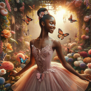 Create an image of a young African American girl with an exuberant smile, perfectly posed in a classical ballerina stance. She is located in a vibrant garden oasis, overflowing with a variety of blooming flowers in full splendor. The girl is adorned in a pastel pink ballet outfit with fluffy layers of tulle and elegant lace details that emphasize her graceful dance form. Her hair is styled neatly in a high bun, accented with a charming headband that features delicate butterfly ornaments, harmonizing with the real butterflies in shades of orange, blue, and pink that seem to dance around her. The garden is drenched in the golden glow of a setting sun, which filters through the foliage, creating a warm and enchanting atmosphere. This scene captures the essence of a whimsical fairytale moment, showcasing the child's innocent joy and the magical world surrounding her, as if she is the main character in a storybook ballet.