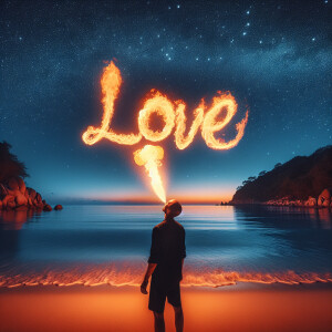 Image of a fire-breathing man in charming beach at night, forms...