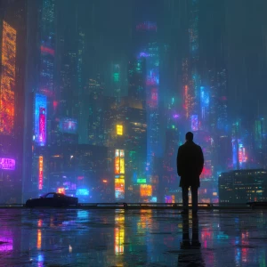 A lone man in a rainy, neon-lit sci-fi cityscape, towering skysc...