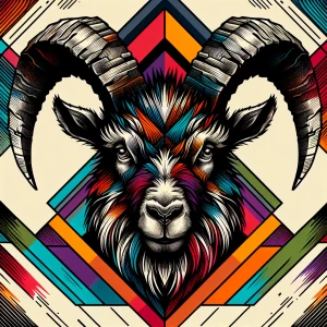 Colourful geometric tattoo of a wild goat, front on, sketch styl...
