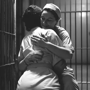 A nurse displaying compassion by giving a gentle hug to a prison...