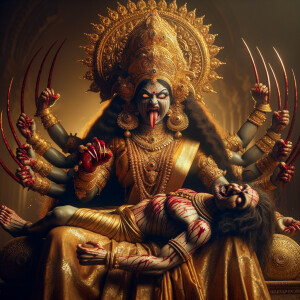 portrait of angry looking indian goddess  sitting on a gold crow...
