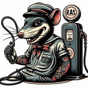 rat fink in a 1950s gas attendant uniform leaning against a gas...