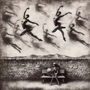 Skeleton with large peony for head. Generate a monochrome image...