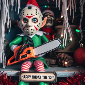 An elf on  the shelf donned in a hockey mask, gripping a blood-d...