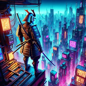 Futuristic samurai looking down at the city from a cityscape