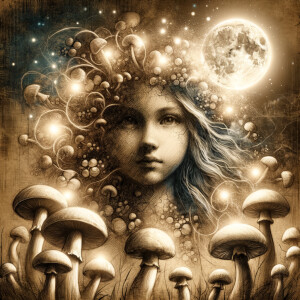 Girl melting into mushrooms under the full moon