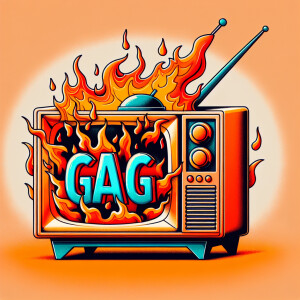 Tube TV with the word “GAG” on the screen on fire cartoon logo