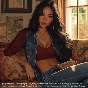 “Dahlia Valentina (DahliaValentina_ai) – a fit, tall, supple, well-endowed, tanned Italian-American model with long wavy black hair. Depict her sitting on a cozy couch in a softly lit room, wearing a casual, edgy outfit: a dark red long-sleeve top layered under a denim vest. Her expression is thoughtful and slightly mysterious. She’s holding an ancient-looking, weathered box with strange symbols etched on it, suggesting a hidden secret or relic. The atmosphere is tense yet intimate, with natural daylight streaming through the windows, casting soft shadows.”