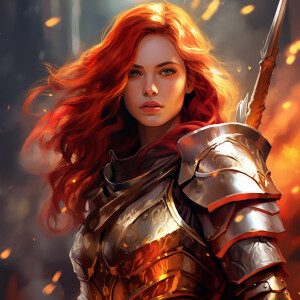 there is a woman with a sword and a helmet on, female redhead te...