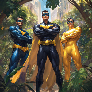 Three superheroes in a lush botanical garden: Captain Valor in a...