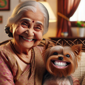 Whimsical  old lady sitting in her living room. A simple smile o...
