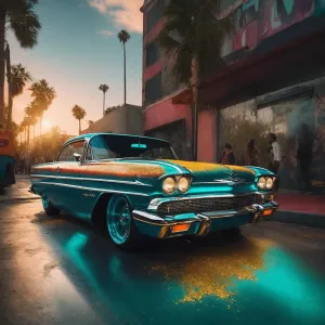 A candy-painted 64 Chevy Impala, dripping in metallic teal with...