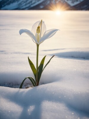 A single white lily growing out of frozen ground, its delicate p...
