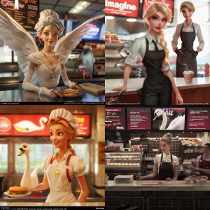 Odette from Swan Lake, who works as a cashier at McDonald's