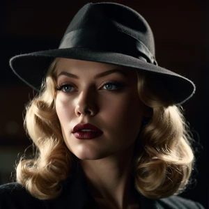 “Close-up portrait of a mysterious femme fatale, blonde, in clas...