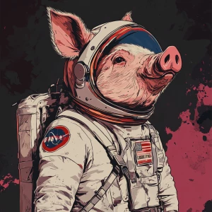 Cute cartoon pig in vintage white spacesuit and NASA style helme...